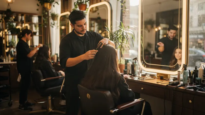 Friseur schneidet einer Kundin die Haare im warm beleuchteten Salon mit goldgerahmten Spiegeln.