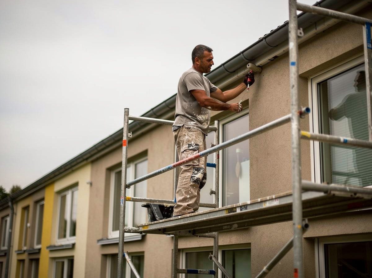 Handwerker auf einem Gerüst an einer Hausfassade, beide Hände bei der Arbeit.