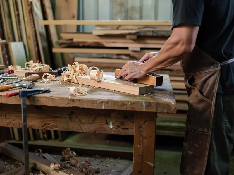 Tischler hobelt eine Holzleiste auf der Werkbank, frische Holzspäne liegen daneben.